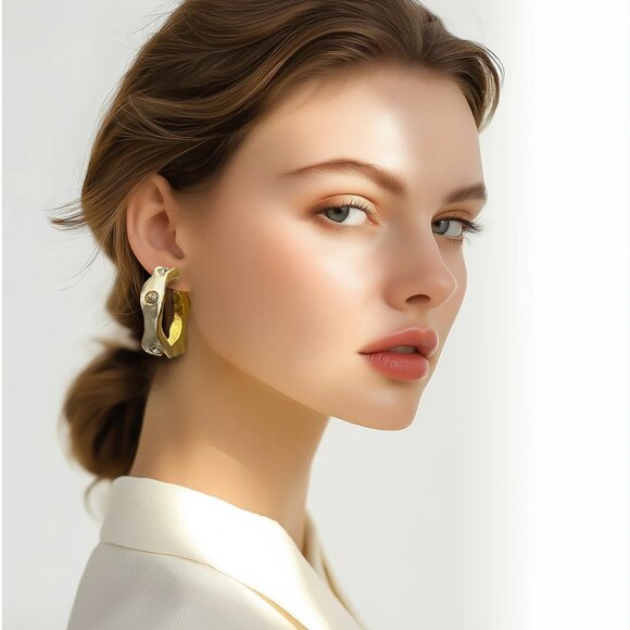 Kenneth Jay Lane 22k Gold Plated White Enamel Hoop Earrings with Crystals - Picture 2 of 9